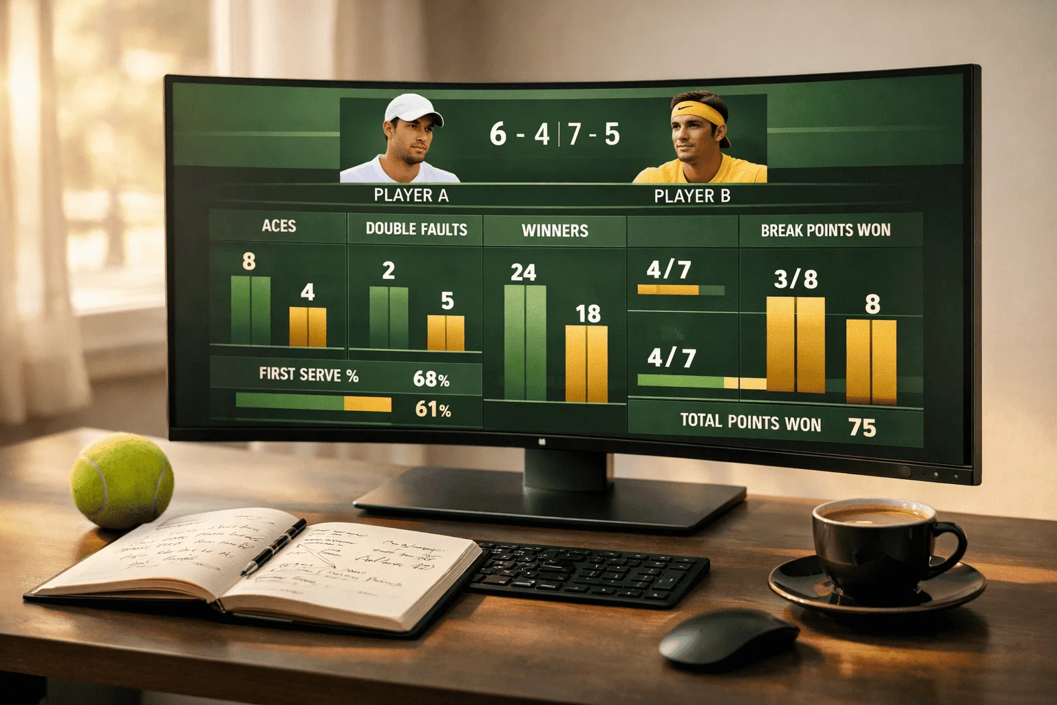 Ambiente de trabalho moderno com monitor a exibir estatísticas de ténis e análise de desempenho de jogadores