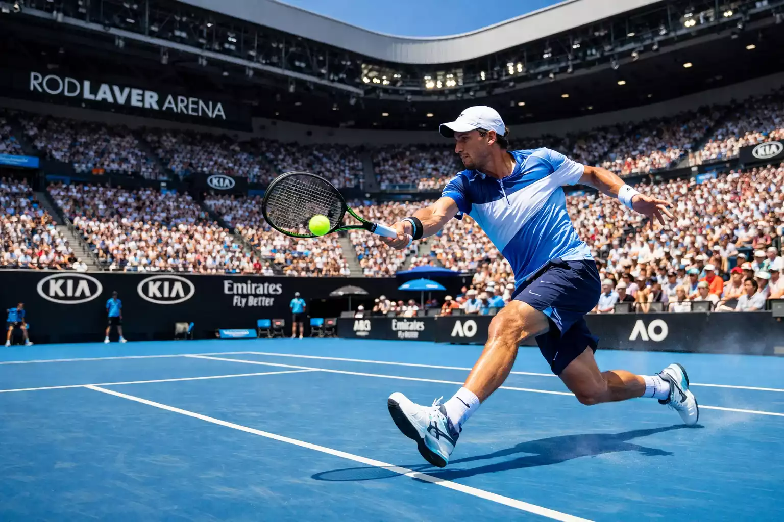Estádio Rod Laver Arena em Melbourne durante o Australian Open com sol intenso e jogador em acção no piso duro azul
