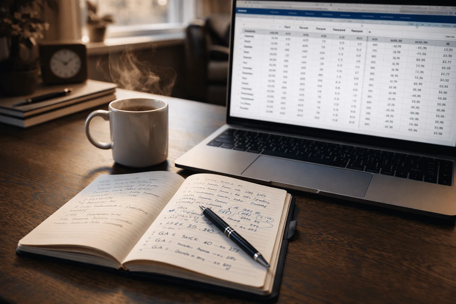 Secretária organizada com caderno de notas e portátil mostrando folha de cálculo para gestão de banca