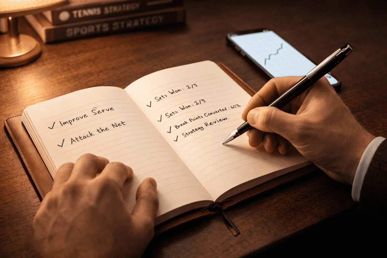 Mãos a escrever notas estratégicas num caderno premium com smartphone a mostrar gráfico de desempenho positivo