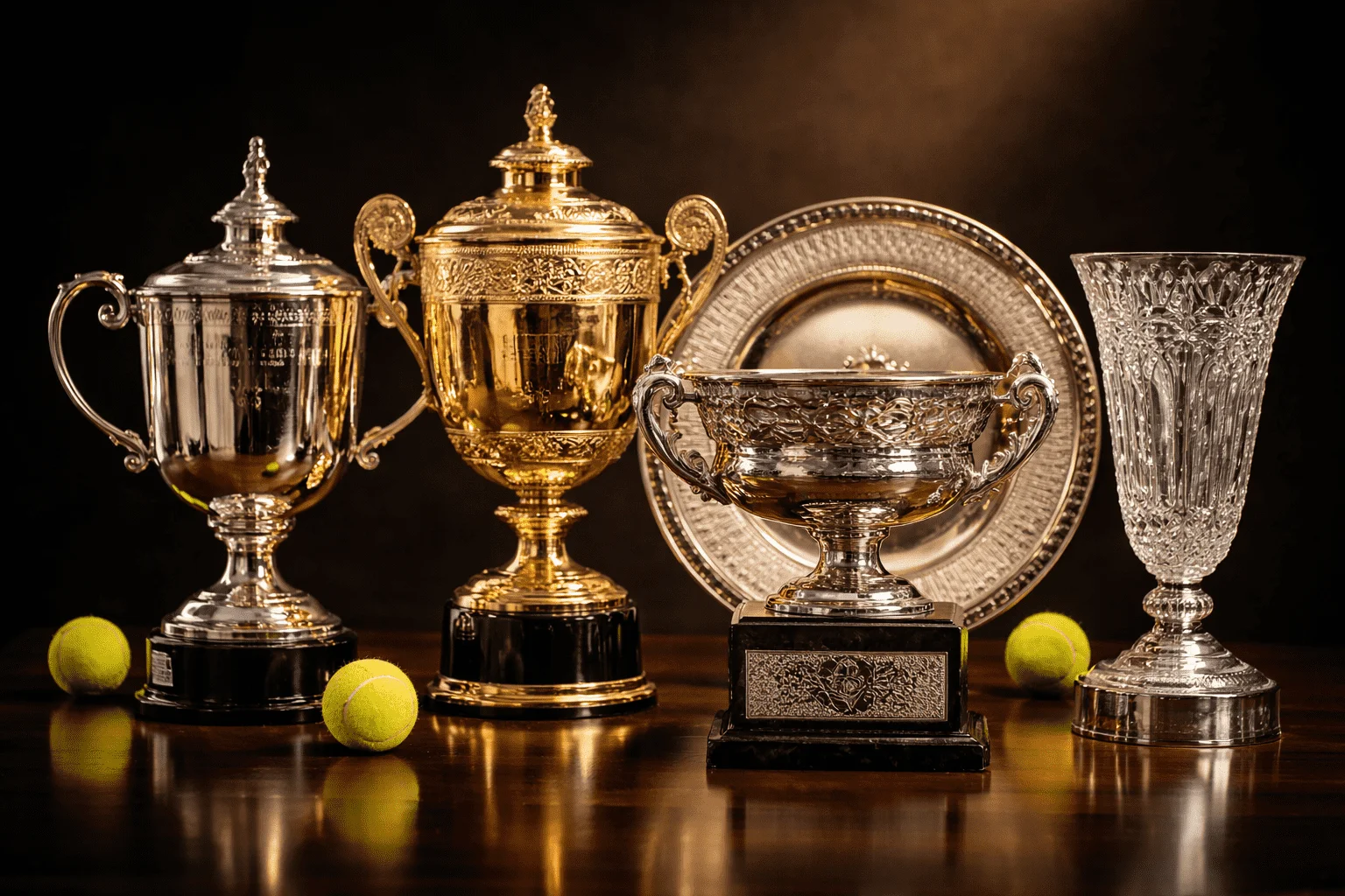 Quatro troféus prestigiados dos Grand Slams de ténis dispostos elegantemente com iluminação dramática