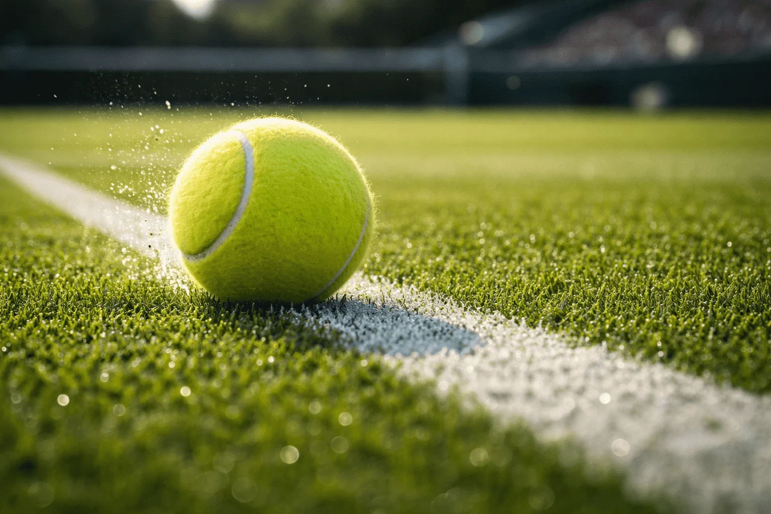 Bola de ténis a ressaltar baixo no relvado verde de um campo estilo Wimbledon