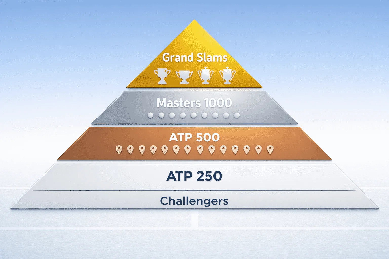 Pirâmide ilustrativa mostrando a hierarquia dos torneios ATP desde Grand Slams no topo até Challengers na base