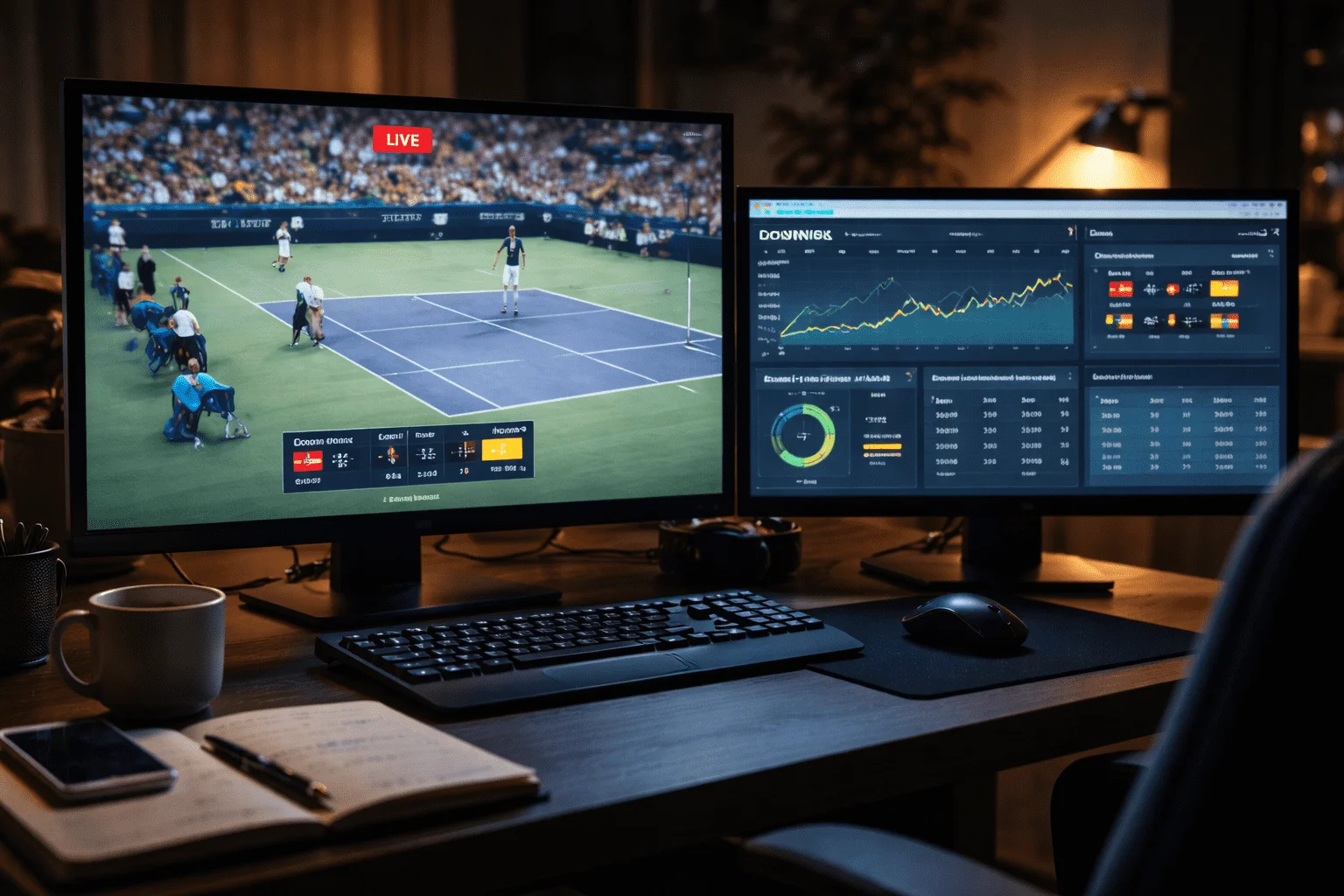 Configuração com dois monitores mostrando transmissão de ténis ao vivo e estatísticas de análise