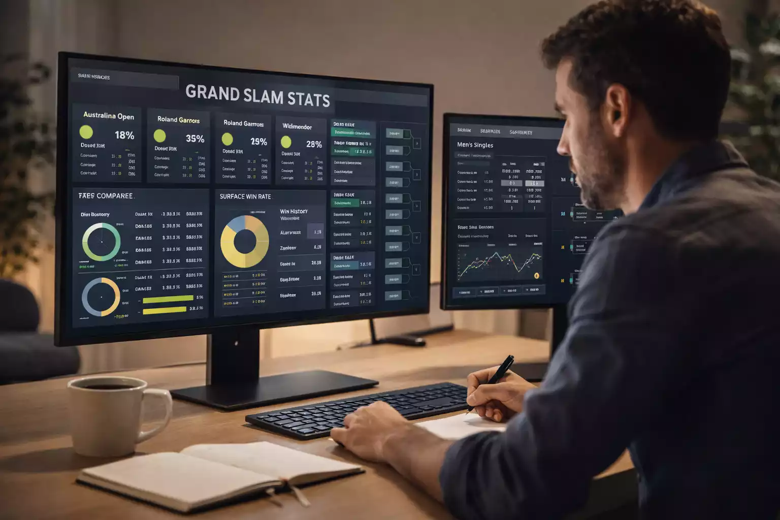 Profissional a analisar mercados de apostas de ténis em ecrã com gráficos de odds e estatísticas de Grand Slam