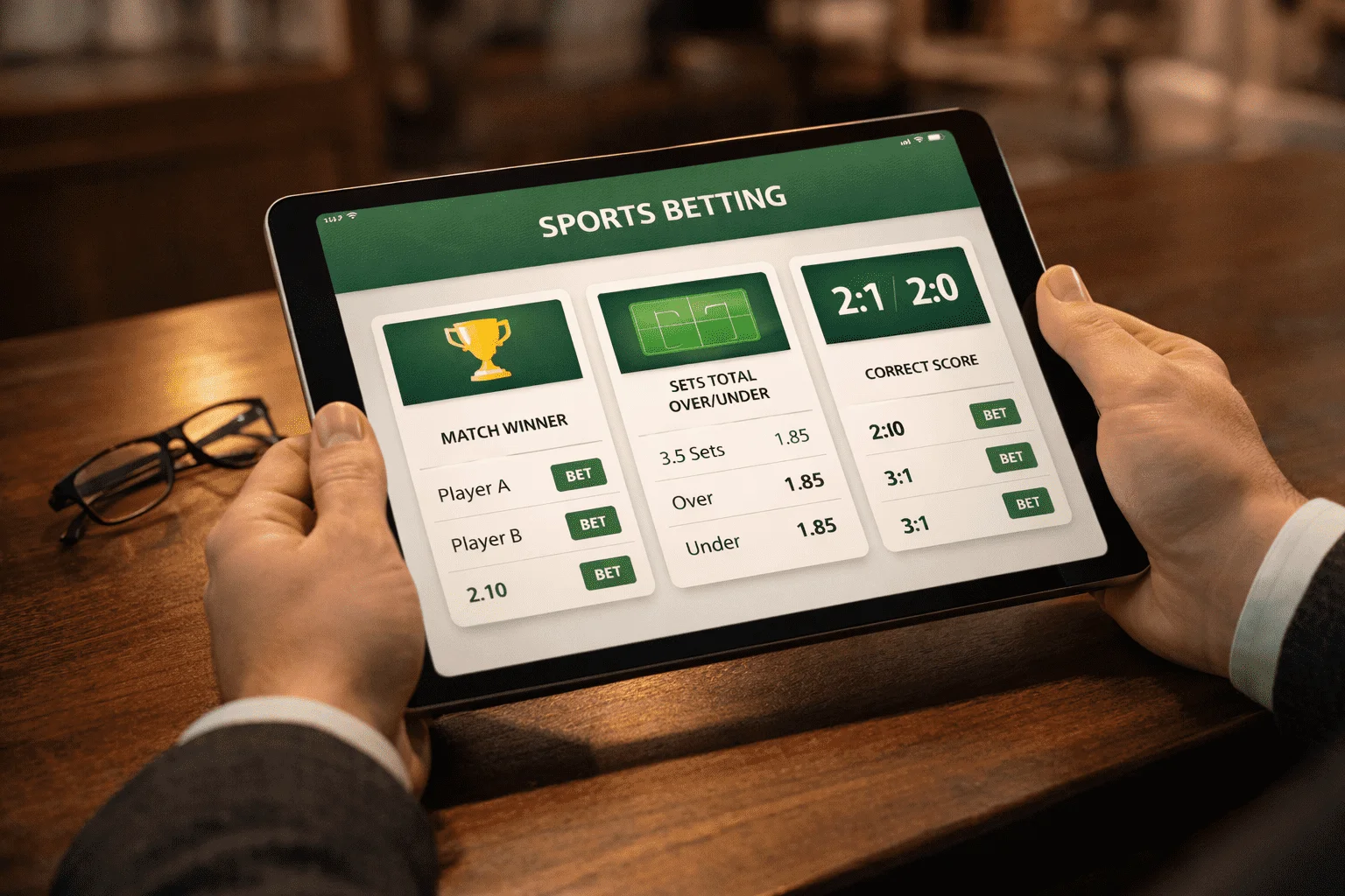 Tablet a exibir interface de apostas desportivas com opções de mercados de ténis e categorias de apostas