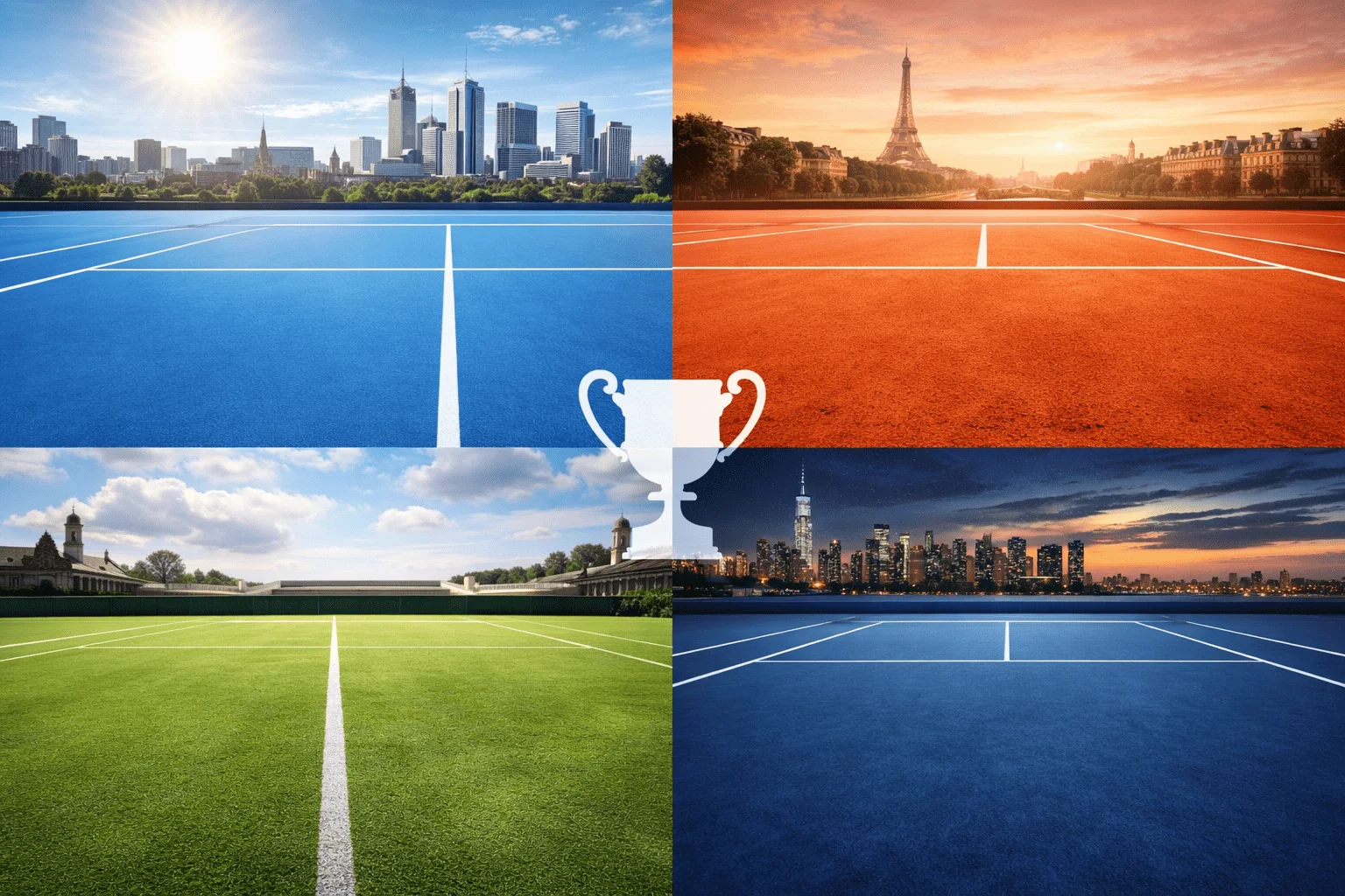 Composição visual dos quatro Grand Slams de ténis mostrando diferentes superfícies: Australian Open, Roland Garros, Wimbledon e US Open