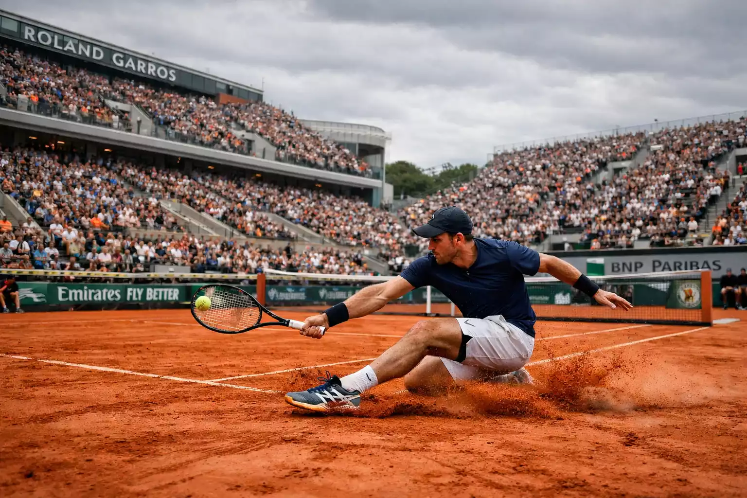 Court Philippe-Chatrier de Roland Garros com superfície de terra batida laranja e jogador deslizando para devolver bola