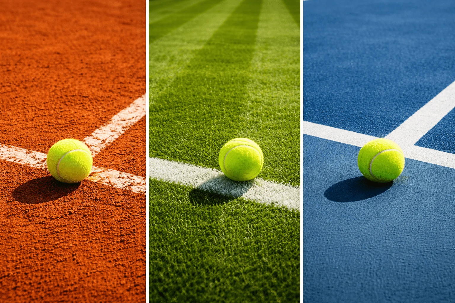 Comparação visual das três superfícies de ténis: terra batida laranja, relva verde de Wimbledon e piso duro azul