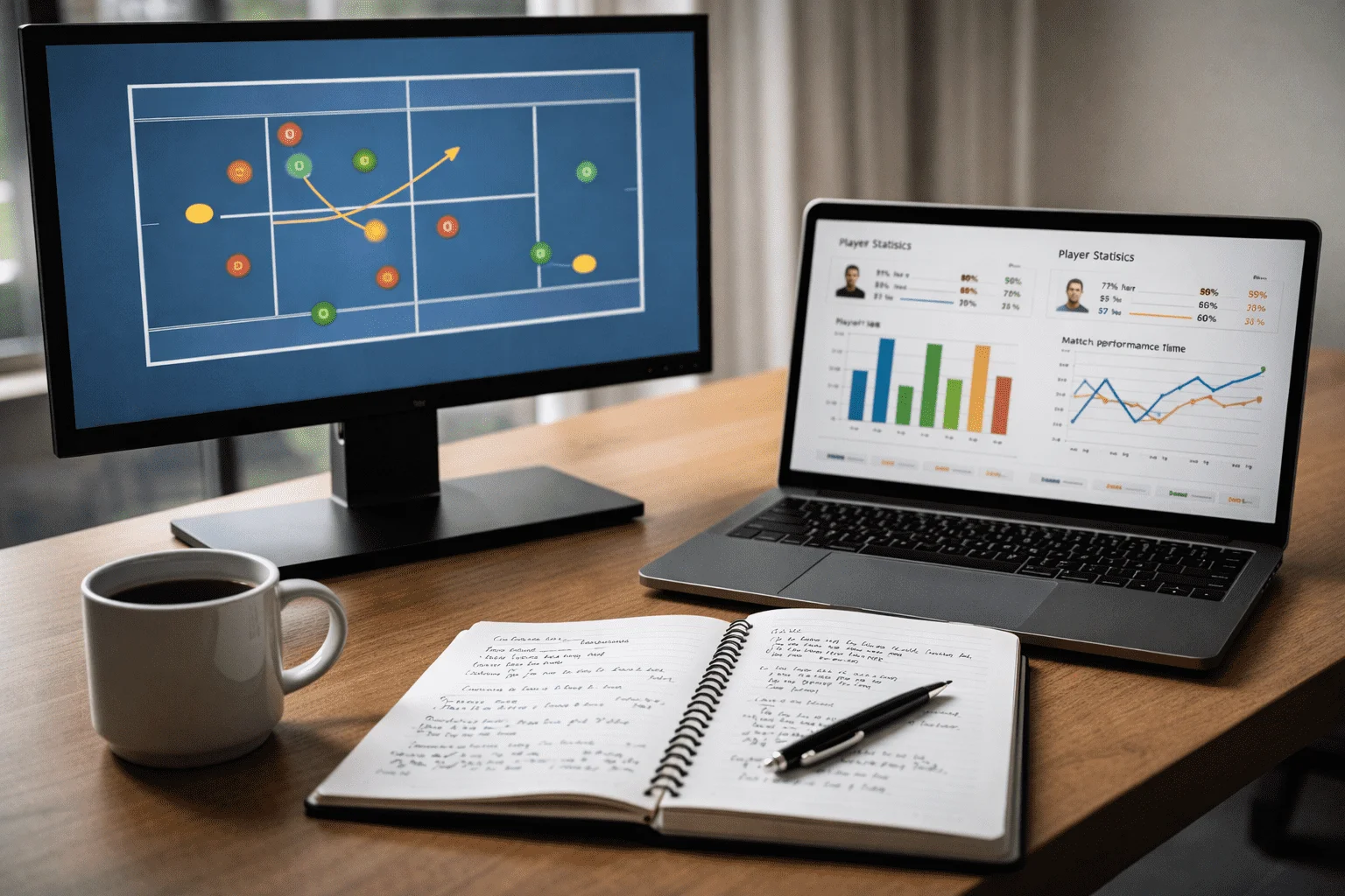 Espaço de trabalho de analista com monitor a mostrar dados de ténis e estatísticas de jogadores