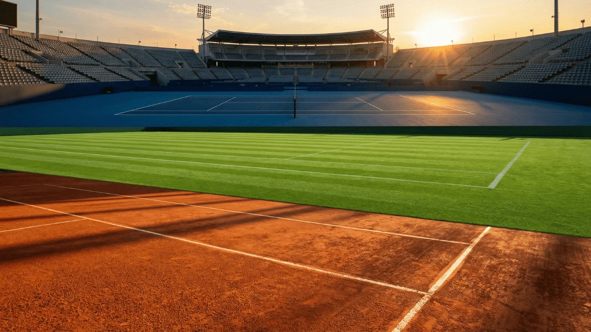 Comparação das três superfícies de ténis - terra batida, relva e piso duro num estádio profissional