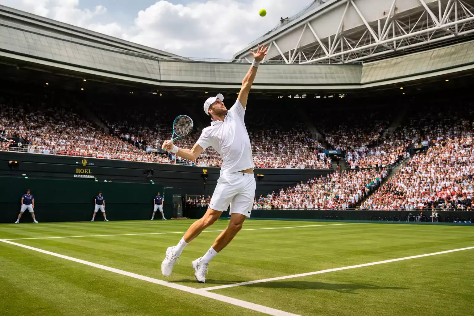 Court central de Wimbledon com relva verde pristina e jogador de branco a servir sob céu britânico